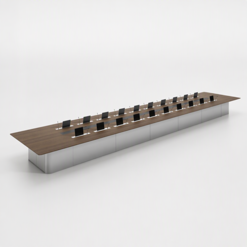 Modern conference table with integrated cable management in office meeting room